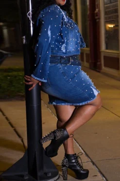 Beaded Decor Elegant Ripped Denim Dress Suit -Prettytina H22081998 NB 5