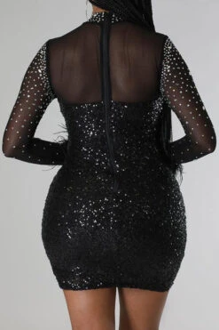 Sequined & Rhinestone Festive Feather Trim Mini Dress -Prettytina H22082586 BK 5