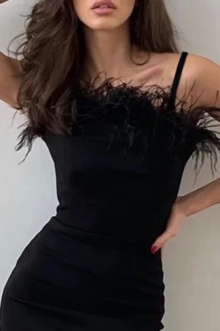 Feather Trim Sophisticated High Split Mini Dress -Prettytina H22082592 BK 3 71965319 17e1 462f 8ecf 3b1a27b33f99