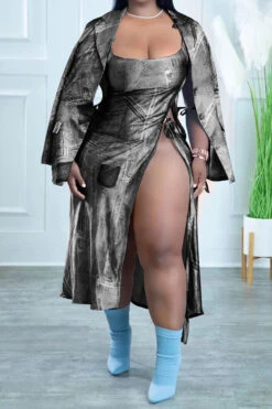 Imitation Denim Print Unique Lace-Up High Split Dress Suit -Prettytina H22083097 BK 1 7e5f10a5 210d 4bdc a682 d61ba13a8d31