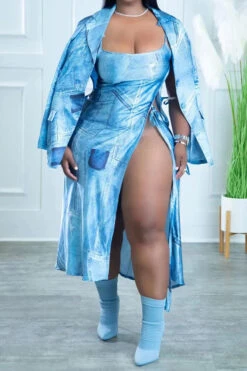 Imitation Denim Print Unique Lace-Up High Split Dress Suit