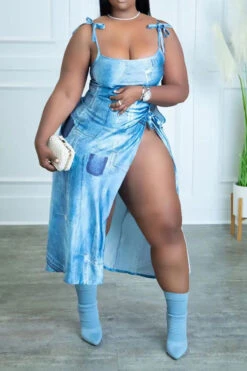 Imitation Denim Print Unique Lace-Up High Split Dress Suit -Prettytina H22083097 BL 3 1fb54129 3c15 4a18 9849 b5f346f8a810