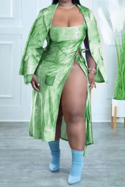 Imitation Denim Print Unique Lace-Up High Split Dress Suit -Prettytina H22083097 GR 1 a195c1a1 1d4a 490e 967c 2c6f2550ee80