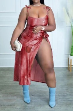 Imitation Denim Print Unique Lace-Up High Split Dress Suit -Prettytina H22083097 RE 2 412ff222 c308 435f 8c86 b334bd39538e