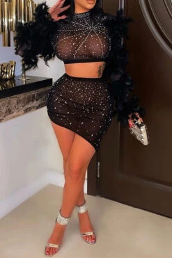 Rhinestone Striking Feather Sleeve Irregular Dress Suit -Prettytina H22090621 BK 1 84413f93 6164 4020 8a36 e6976736dedb