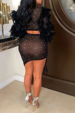 Rhinestone Striking Feather Sleeve Irregular Dress Suit -Prettytina H22090621 BK 2
