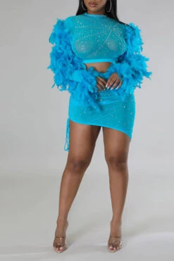 Rhinestone Striking Feather Sleeve Irregular Dress Suit -Prettytina H22090621 BL 1