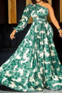 Abstract Print One Shoulder Sweet High Split Maxi Dress -Prettytina H22091214 GR 1