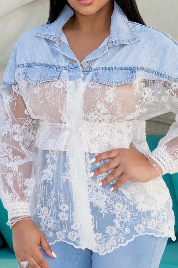 Denim Patchwork Oriental Mesh Floral Embroidery Lace-Up Blouse 1 Denim Patchwork Oriental Mesh Floral Embroidery Lace-Up Blouse