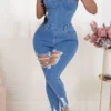 Solid Color Stylish Ripped Burrs Denim Jumpsuit