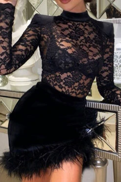 Lace Patchwork Romantic Fuzzy Hem Mini Dress