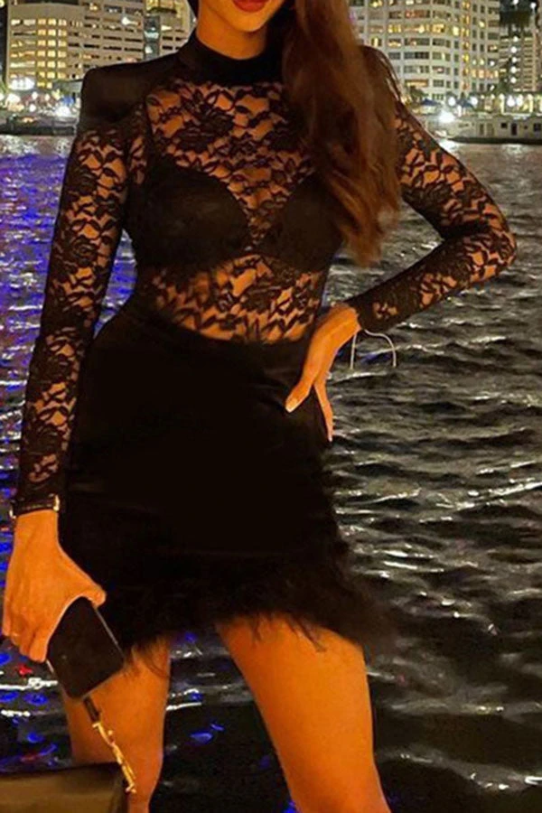 Lace Patchwork Romantic Fuzzy Hem Mini Dress 4 Lace Patchwork Romantic Fuzzy Hem Mini Dress - Image 4