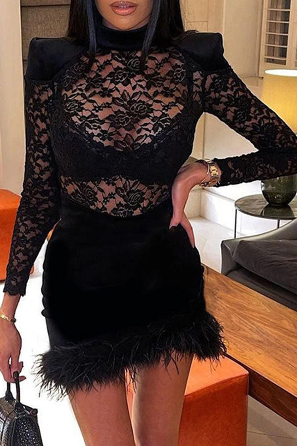 Lace Patchwork Romantic Fuzzy Hem Mini Dress 5 Lace Patchwork Romantic Fuzzy Hem Mini Dress - Image 5