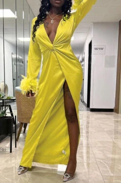 Feather Trim Simple Twisted Design High Split Maxi Dress