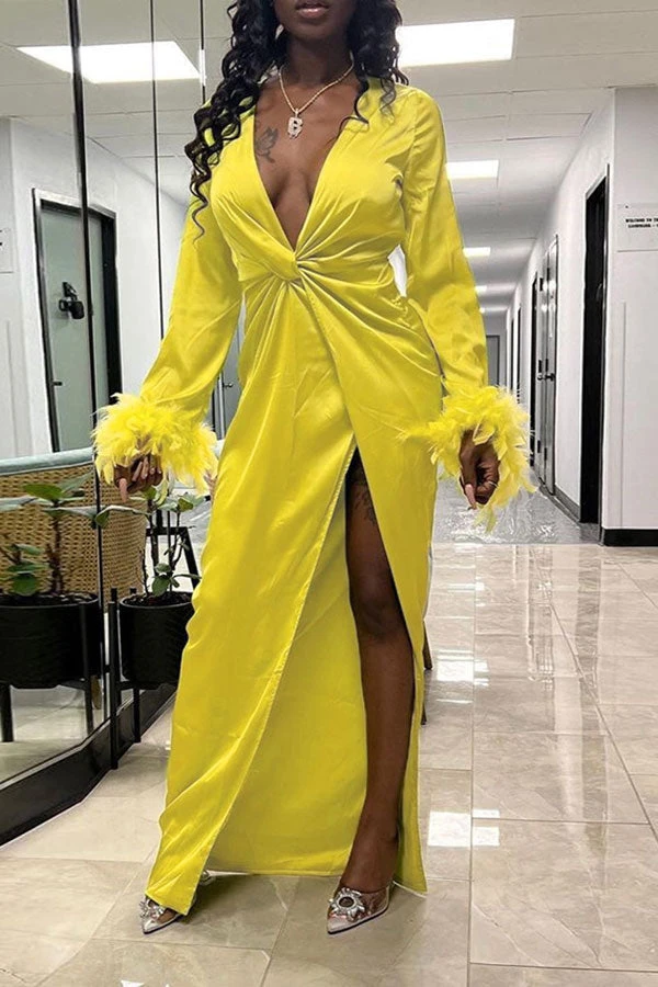 Feather Trim Simple Twisted Design High Split Maxi Dress 2 Feather Trim Simple Twisted Design High Split Maxi Dress - Image 2