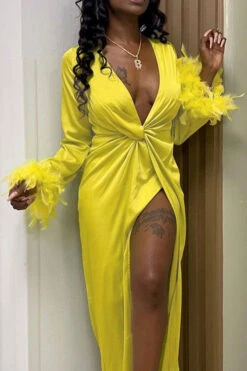 Feather Trim Simple Twisted Design High Split Maxi Dress 6 Feather Trim Simple Twisted Design High Split Maxi Dress -Prettytina H22092905 YE 3
