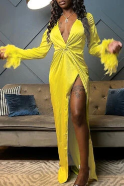 Feather Trim Simple Twisted Design High Split Maxi Dress 7 Feather Trim Simple Twisted Design High Split Maxi Dress -Prettytina H22092905 YE 4