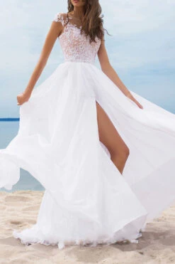 Lace Patchwork Girly High Split Maxi Dress -Prettytina H22092909 WH 3