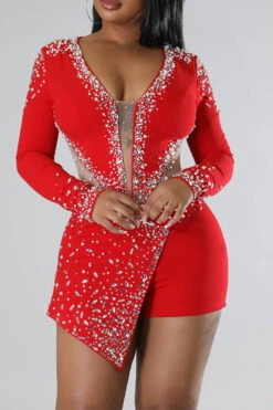 Beaded & Rhinestone Decor Luxe Irregular Romper 29 Beaded & Rhinestone Decor Luxe Irregular Romper -Prettytina H22092996 RE 3