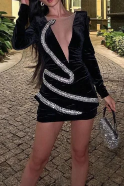 Rhinestone Snake Pattern Patchwork Cool Deep V Neck Mini Dress