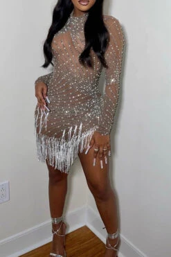 Beaded & Rhinestone Decor Punk High Split Tassel Hem Mini Dress -Prettytina H22093064 BR 2