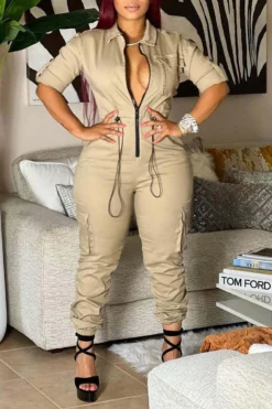 Solid Color Casual Pocket Drawstring Jumpsuit -Prettytina H22093088 KH 3