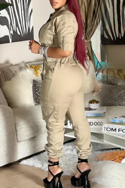 Solid Color Casual Pocket Drawstring Jumpsuit -Prettytina H22093088 KH 4