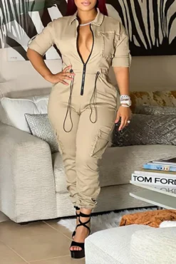 Solid Color Casual Pocket Drawstring Jumpsuit -Prettytina H22093088 KH 5