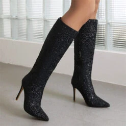 Sequined Glamorous Pointed Toe Boots -Prettytina H22100935 BK 1