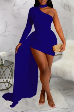 Solid Color Striking Trailing Irregular Mini Dress -Prettytina H22101828 BL 1 11e4a632 a59f 461e 8a31 cd725093dadb