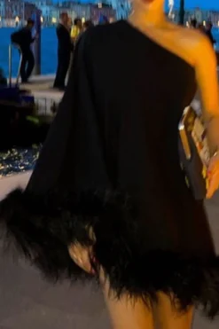 Fuzzy Trim One Shoulder Unique Cape Mini Dress -Prettytina H22101881 BK 1