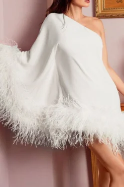 Fuzzy Trim One Shoulder Unique Cape Mini Dress