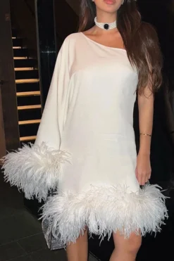 Fuzzy Trim One Shoulder Unique Cape Mini Dress -Prettytina H22101881 WH 3