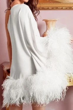 Fuzzy Trim One Shoulder Unique Cape Mini Dress -Prettytina H22101881 WH 4
