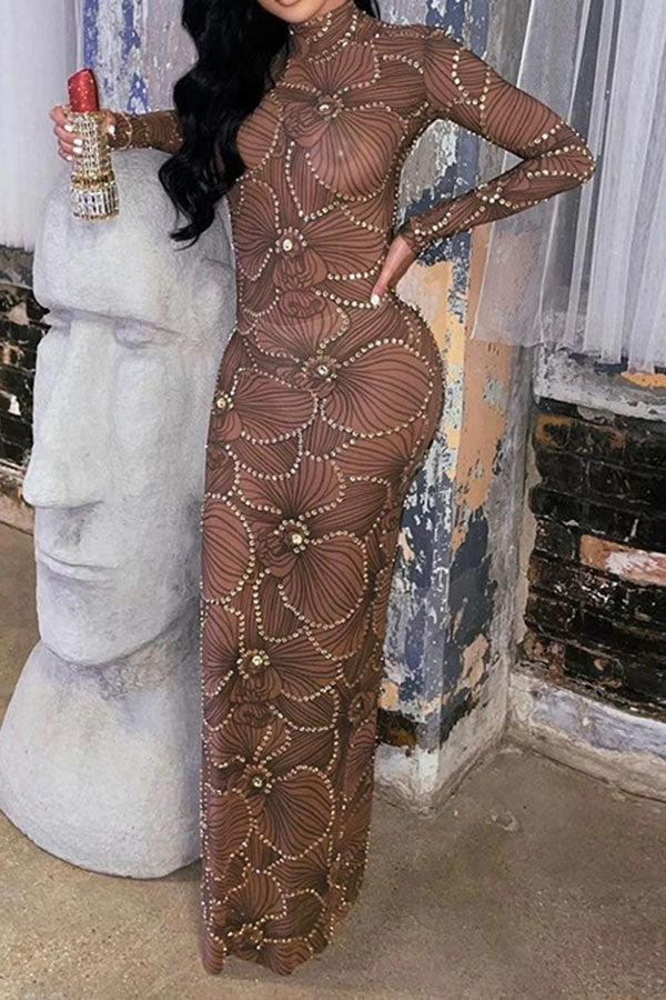 Rhinestone Trim Flower Print Funky See-Through Maxi Dress 1 Rhinestone Trim Flower Print Funky See-Through Maxi Dress