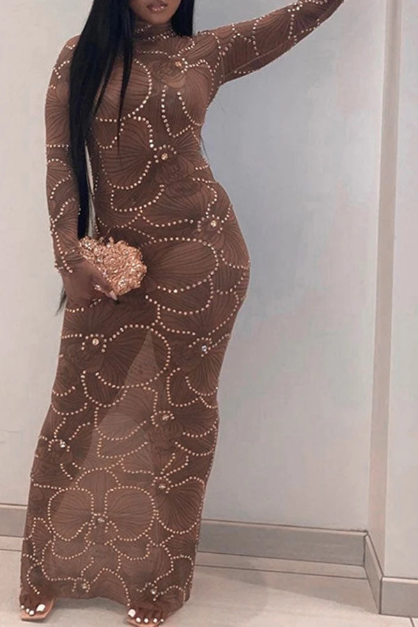 Rhinestone Trim Flower Print Funky See-Through Maxi Dress 10 Rhinestone Trim Flower Print Funky See-Through Maxi Dress - Image 10