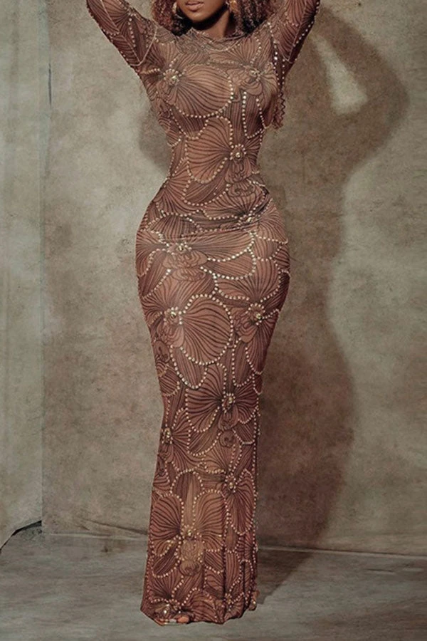 Rhinestone Trim Flower Print Funky See-Through Maxi Dress 2 Rhinestone Trim Flower Print Funky See-Through Maxi Dress - Image 2