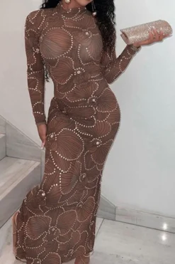 Rhinestone Trim Flower Print Funky See-Through Maxi Dress 12 Rhinestone Trim Flower Print Funky See-Through Maxi Dress -Prettytina H22101884 BR 3