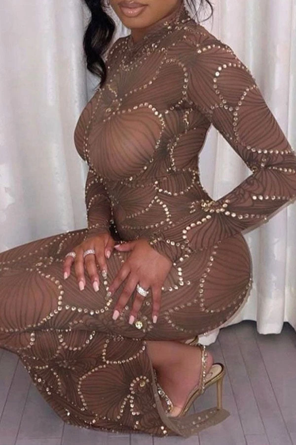 Rhinestone Trim Flower Print Funky See-Through Maxi Dress 5 Rhinestone Trim Flower Print Funky See-Through Maxi Dress - Image 5