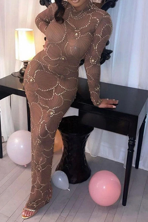 Rhinestone Trim Flower Print Funky See-Through Maxi Dress 6 Rhinestone Trim Flower Print Funky See-Through Maxi Dress - Image 6