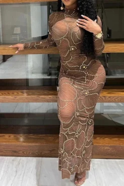 Rhinestone Trim Flower Print Funky See-Through Maxi Dress 18 Rhinestone Trim Flower Print Funky See-Through Maxi Dress -Prettytina H22101884 BR 9