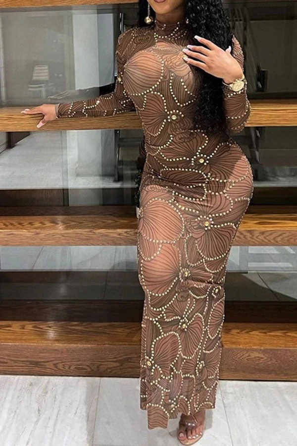 Rhinestone Trim Flower Print Funky See-Through Maxi Dress 9 Rhinestone Trim Flower Print Funky See-Through Maxi Dress - Image 9