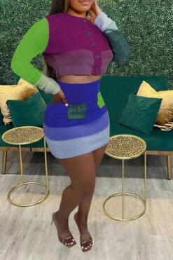 Color Block Cute Knitted Dress Suit -Prettytina H22101939 PU 1