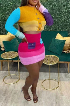 Color Block Cute Knitted Dress Suit