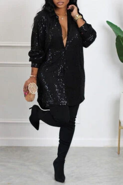 Sequined On-trend Single Breasted Mini Dress 8 Sequined On-trend Single Breasted Mini Dress -Prettytina H22110346 BK 1