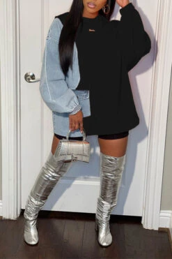 Denim Patchwork Undeniable Mini Dress 12 Denim Patchwork Undeniable Mini Dress -Prettytina H22110347 BK 1