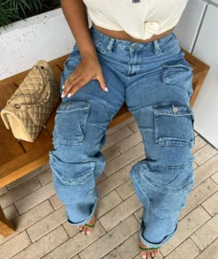 Solid Color Cool Multi Pocket Wide Leg Jeans -Prettytina H22111179 BL 2 9253452a 9246 43a0 b344 afe1833152d0