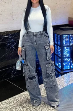 Solid Color Cool Multi Pocket Wide Leg Jeans -Prettytina H22111179 DA 1 f5ae07a8 5d43 4f33 9189 eaed12af5008