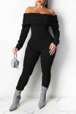 Twisted Stripe Feminine Bodycon Knitted Jumpsuit -Prettytina H22112201 BK 1