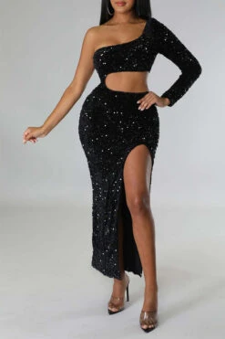 Sequined Flattering Cutout Waist High Split Midi Dress -Prettytina H22112227 BK 1